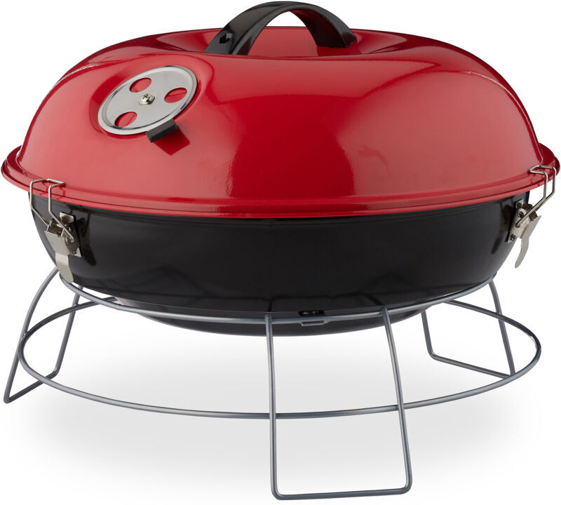Relaxdays - Portable Kettle Grill, With Lid, Picnic bbq with Large Cooking Area, Charcoal, Ø36cm, Red