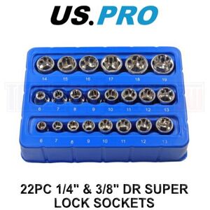 Us Pro - Tools Super-Lock Shallow Socket Set 22pc 1/4 6-13mm & 3/8 6-19mm 1398