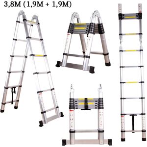 AXHUP 3.8M Telescopic Ladder Extension Tall Multi Purpose Folding Loft Ladder with stabilizer, 330 pound/150 kg Capacity (Silver)