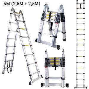 AXHUP 5M Telescopic Ladder Extension Tall Multi Purpose Folding Loft Ladder with stabilizer, 330 pound/150 kg Capacity (Silver)