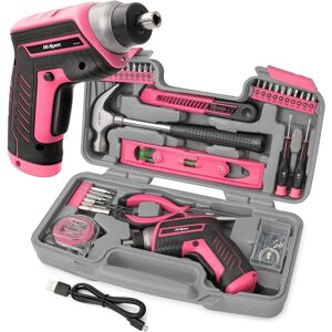 AOUGO Pink 4V Electric Screwdriver - Multifunction Cordless Drill Driver with Complete Kit of Tools and Accessories - Storage Case with Hammer, Pliers,