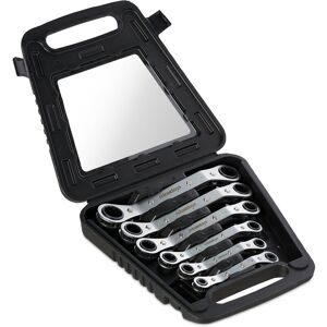 Spanner Set, 6x Pieces, Ring Rachet, 6 - 15, 17 & 19 mm, in Travel Case, Steel, Home diy, Reversible, Silver - Relaxdays