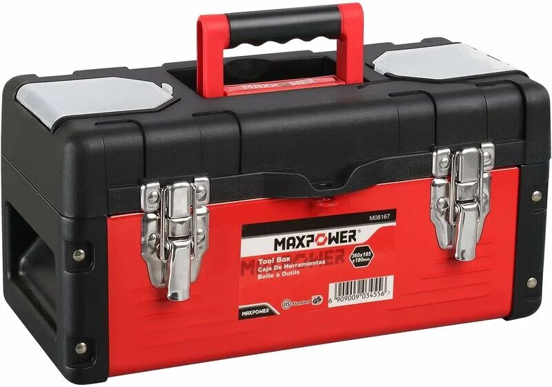 MAX POWER Tool Box Metal 14 inch, MAXPOWER Small Tool Box Hand Tools Storage Box with Removable Tray, Handle and Plastic Lid