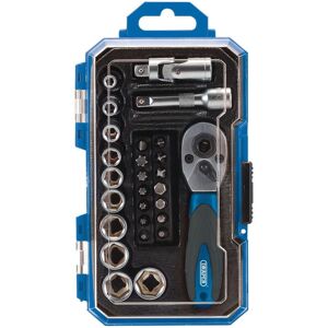 Draper 27-Piece Metric Ratchet Socket Set with 1/4 Inch Drive, Includes Ratchet, Impact Sockets, and Square Drive Accessories – Professional