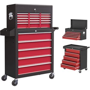 HOMCOM Rolling Tool Cabinet on Wheels with 14 Drawers, Pegboard and Side Rack, Lockable Top Tool Chest and Roller Cabinet Combo for Workshop and Hom