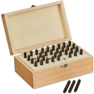 Relaxdays - Alphabet Stamp Set, Punch Letter, 36-piece, 3 mm, Leather and Metal, Wooden Box, Tool a-z & 0-9, Steel, Black