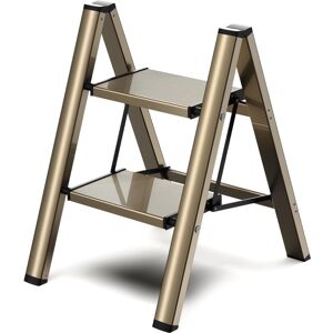 YS-YALOTRS 2-step ladder, folding step stool with wide non-slip footrest, lightweight yet sturdy aluminum material, 150kg load capacity, Champagne Gold YS-YALOTRS 2-step ladder, folding step stool with wide non-slip footrest, lightweight yet sturdy aluminum material, 150kg load capacity, Champagne Gold