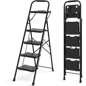 COSTWAY 4 Step Ladder Heavy-Duty Metal Step Stool with Tool Tray-Black COSTWAY 4 Step Ladder Heavy-Duty Metal Step Stool with Tool Tray-Black