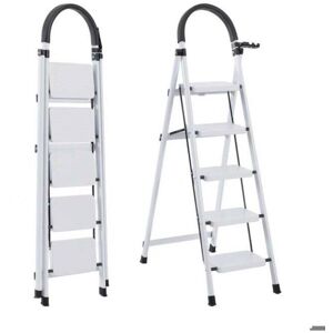 Seven Comfort Step Stool 5 Steps-Folding with Non-Slip Pedal-74×47×139cm-150KG Stable Steel Ladder-White Seven Comfort Step Stool 5 Steps-Folding with Non-Slip Pedal-74×47×139cm-150KG Stable Steel Ladder-White