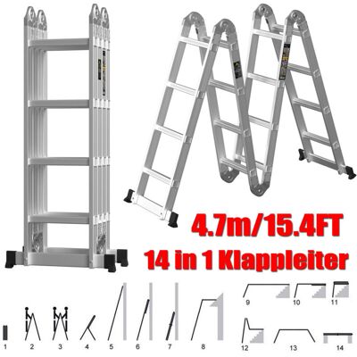 DAYPLUS 14 in 1 4.7M Multi Purpose Aluminium Extension Ladder Step Platform Tool Tray DAYPLUS 14 in 1 4.7M Multi Purpose Aluminium Extension Ladder Step Platform Tool Tray