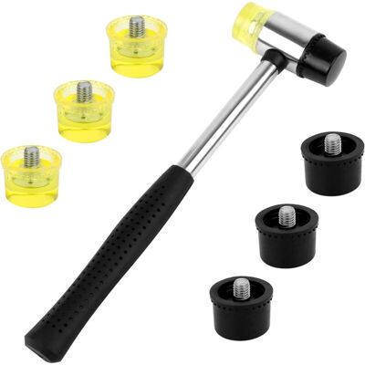 AOUGO 1pcs Rubber Mallet Double Sided Mallet Rubber Hammer with 6pcs Replaceable Face Non-Slip Rubber Handle Black and Yellow for Wood Crafting Leather AOUGO 1pcs Rubber Mallet Double Sided Mallet Rubber Hammer with 6pcs Replaceable Face Non-Slip Rubber Handle Black and Yellow for Wood Crafting Leather