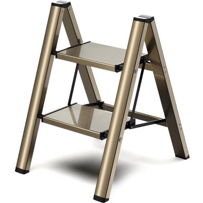 YS-YALOTRS 2-step ladder, folding step stool with wide non-slip footrest, lightweight yet sturdy aluminum material, 150kg load capacity, Champagne Gold YS-YALOTRS 2-step ladder, folding step stool with wide non-slip footrest, lightweight yet sturdy aluminum material, 150kg load capacity, Champagne Gold