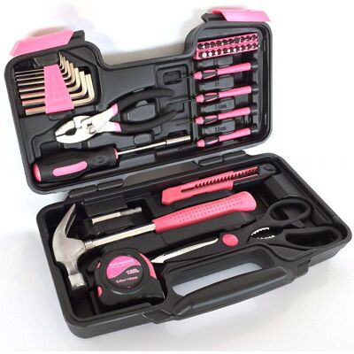 MEMKEY 39 Piece Pink Tool Box for Women, Complete and Portable DIY Set with Pliers, Hammer, Screwdriver - Ideal for Home Crafts and Repairs MEMKEY 39 Piece Pink Tool Box for Women, Complete and Portable DIY Set with Pliers, Hammer, Screwdriver - Ideal for Home Crafts and Repairs