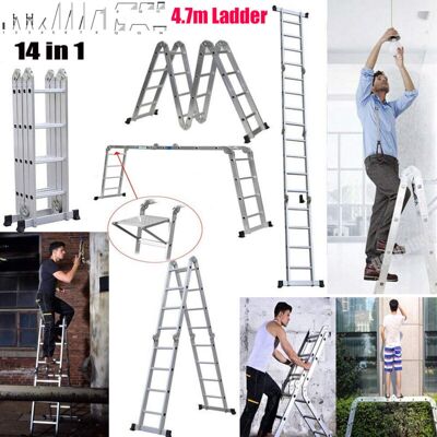 DAYPLUS 4.7m 15.4ft MultiPurpose Aluminum Folding Extension Ladder Adjustable Step 14IN1 DAYPLUS 4.7m 15.4ft MultiPurpose Aluminum Folding Extension Ladder Adjustable Step 14IN1