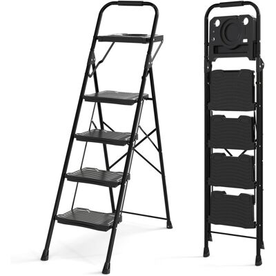 COSTWAY 4 Step Ladder Heavy-Duty Metal Step Stool with Tool Tray-Black COSTWAY 4 Step Ladder Heavy-Duty Metal Step Stool with Tool Tray-Black