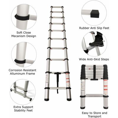 GROUNDLEVEL Extra Wide Telescopic Ladder with Soft Close Design - 2m GROUNDLEVEL Extra Wide Telescopic Ladder with Soft Close Design - 2m