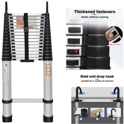 DAYPLUS Aluminum Ladder With 15 Steps And Secure Hooks, Total Height 6.2m, Wide Step 4cm, Optimal Stability. DAYPLUS Aluminum Ladder With 15 Steps And Secure Hooks, Total Height 6.2m, Wide Step 4cm, Optimal Stability.
