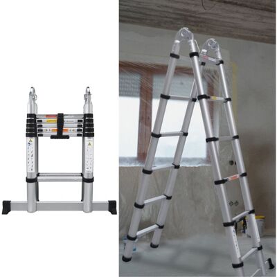 DAYPLUS Multifunctional Telescopic Ladder 3.8m, 11 Anti-slip Steps, 2 Sections 1.9m, Aluminum, 150kg DAYPLUS Multifunctional Telescopic Ladder 3.8m, 11 Anti-slip Steps, 2 Sections 1.9m, Aluminum, 150kg