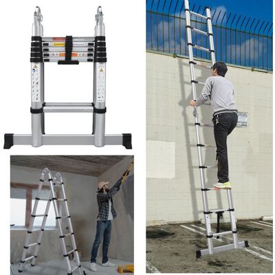 DAYPLUS Telescopic Ladder 3.8m (2 Sections Of 1.9m) In A Shape, 11 Steps, Anti-slip Rubber, Aluminum, Load Capacity 150kg. DAYPLUS Telescopic Ladder 3.8m (2 Sections Of 1.9m) In A Shape, 11 Steps, Anti-slip Rubber, Aluminum, Load Capacity 150kg.