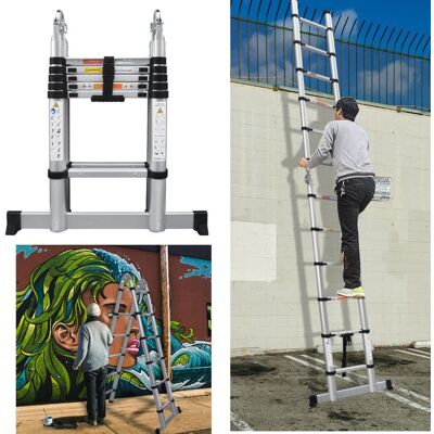 DAYPLUS A-frame Ladder With 11 Steps, 3.8m Telescopic (2×1.9m), Aluminum, Step Height 4cm, Anti-slip, Load Capacity 150kg. DAYPLUS A-frame Ladder With 11 Steps, 3.8m Telescopic (2×1.9m), Aluminum, Step Height 4cm, Anti-slip, Load Capacity 150kg.