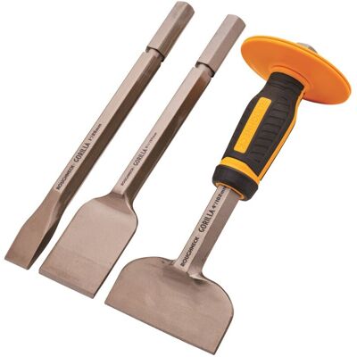 Roughneck Bolster & Chisel Set in Tool Roll with Interchangable Guard ROU31935 Roughneck Bolster & Chisel Set in Tool Roll with Interchangable Guard ROU31935