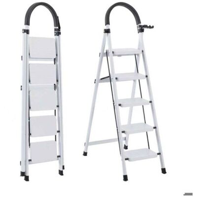 Seven Comfort Step Stool 5 Steps-Folding with Non-Slip Pedal-74×47×139cm-150KG Stable Steel Ladder-White Seven Comfort Step Stool 5 Steps-Folding with Non-Slip Pedal-74×47×139cm-150KG Stable Steel Ladder-White