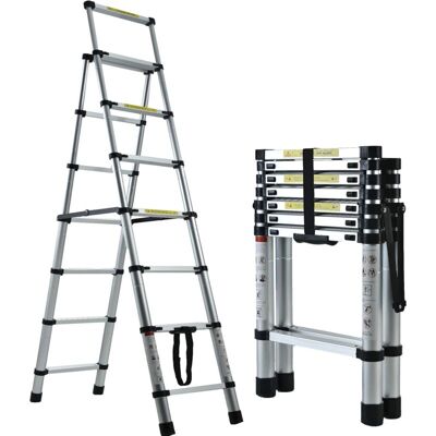 BRIEFNESS Telescopic Ladder, Portable 6+7 Steps Aluminium Extension Ladder, A-Frame Multi-Purpose Anti-Slip Extendable Loft Ladder Folding Ladder Lightweight BRIEFNESS Telescopic Ladder, Portable 6+7 Steps Aluminium Extension Ladder, A-Frame Multi-Purpose Anti-Slip Extendable Loft Ladder Folding Ladder Lightweight