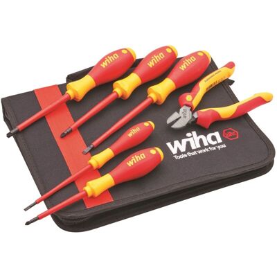 Wiha VDE Electricians Pz Flat Screwdriver + Side Cutter Plier Set in Soft Case Wiha VDE Electricians Pz Flat Screwdriver + Side Cutter Plier Set in Soft Case