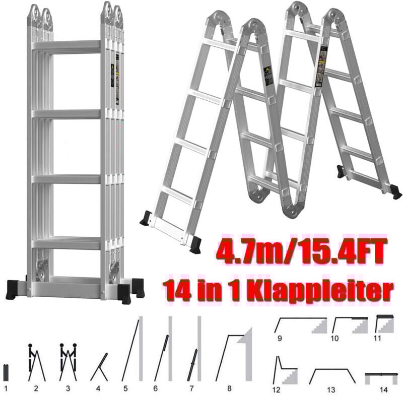 DAYPLUS 14 in 1 4.7M Multi Purpose Aluminium Extension Ladder Step Platform Tool Tray