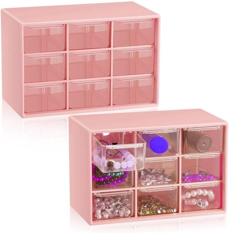 TLILY 2 Pcs Small Drawer Organizer 9 Toolbox Mini with Clear Drawers Desktop Storage Box (Pink)