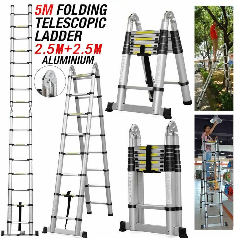 DAYPLUS 5M(2.5+2.5M) a Type Heavy Duty Multi-Purpose Aluminium Telescopic Ladder Extendable Steps,Max Load 150kg/330lb,EN131