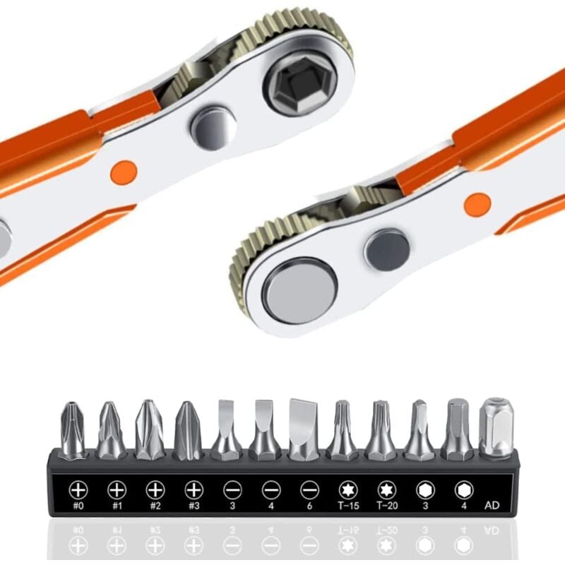 MEMKEY Ratchet Screwdriver Set, 13pcs 110mm 1/4" Mini Ratchet Wrench and 12 Model Screwdriver Bits High Torque 1/4" Drive Reversible Mini Ratchet Screwdriver