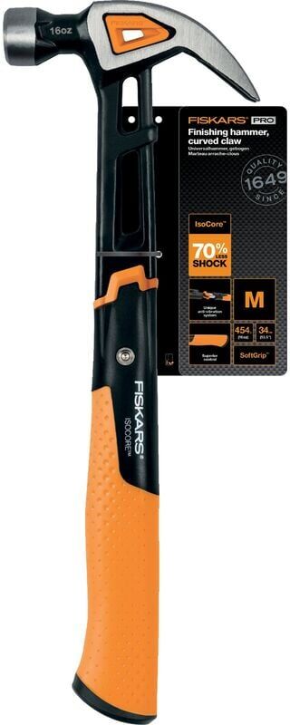 Fiskars - 1027202 Anti Shock IsoCore Finishing Hammer 16oz Curved Claw 13.5 Inch