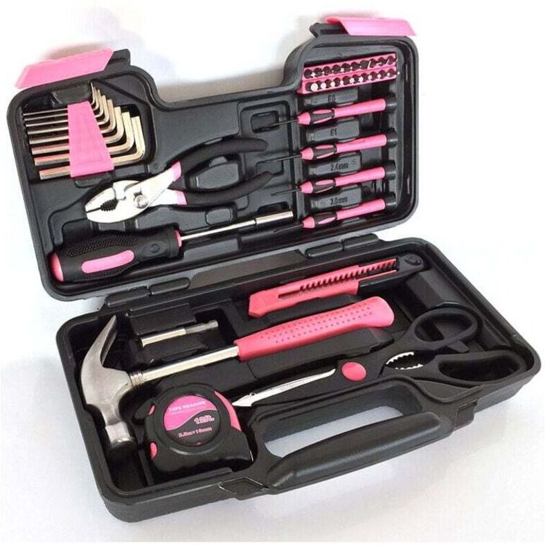 Ymyny - fliti 39 Piece Pink Tool Box for Women, Complete and Portable diy Set with Pliers, Hammer, Screwdriver - Ideal for Home Crafts and Repairs