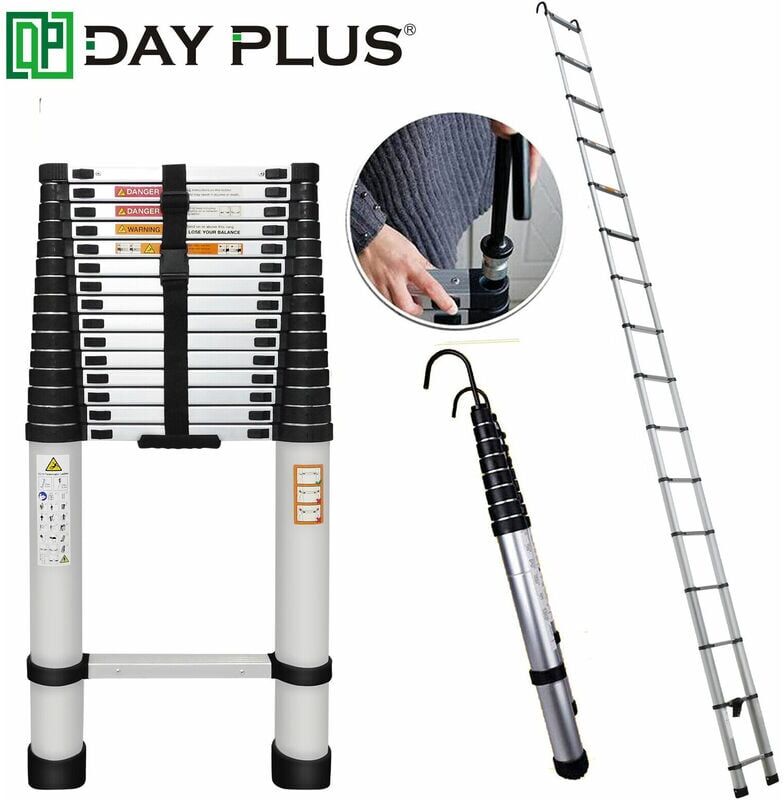 DAYPLUS Folding 6.2M Aluminum Telescopic Extension Ladder Step Multi Use Non-Slip+2 Hook