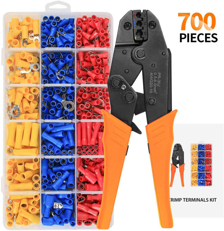 AOUGO Insulated Wire Terminal Crimping Tool Kit, 0.5-6mm² Ratchet Crimper, Cable Lug Pliers, Crimping Tool Set with 700 Insulated Crimp Connectors