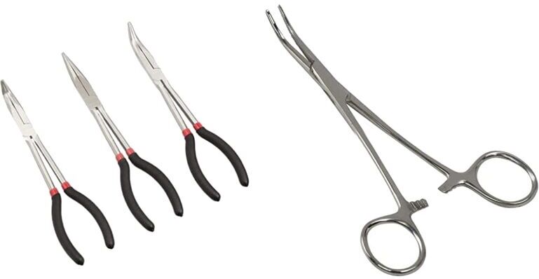 TLILY Long Reach Pliers Set - 3 Pcs Precision and Locking Tweezers Clamp, Silver, Curved, 5-1/2 Inch