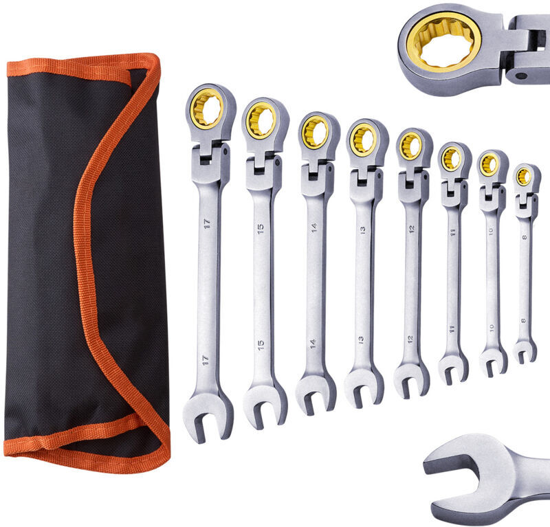 Mophorn 8-Piece Flex-Head Ratcheting Wrench Set, Cr-V Steel Combination Wrenches with Roll-up Pouch, Metric 8mm to 17mm, Flexible Ratcheting, Ideal