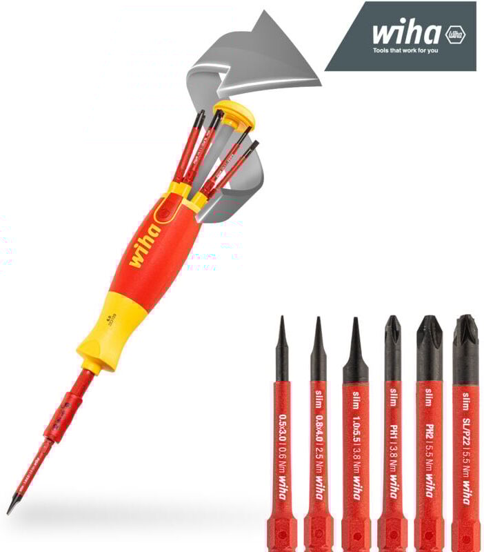 Wiha - Screwdriver with bit magazine LiftUp electric Phillips, PlusMinus/Pozidriv, slotted with 6 slimBits (38613)