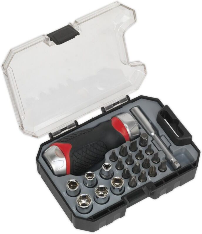 Sealey - AK64906 Premier Fine Tooth Stubby Ratchet Screwdriver Socket & Bit Set 24pc