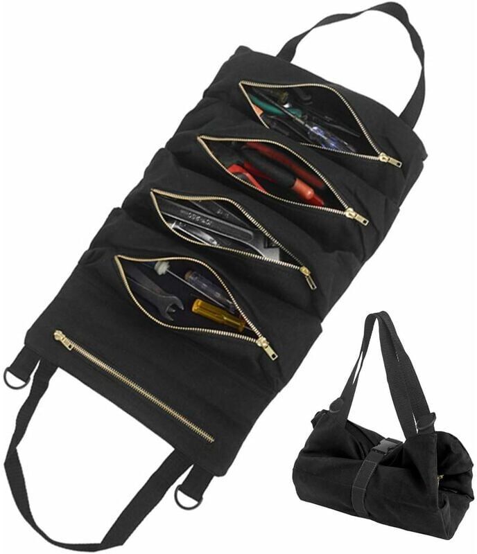 Hoopzi - Tool Bag with 5 Zippered Pockets, Portable Canvas Tool Bag, Tool Roll Auto Organizer Tool for Electrician, Plumber or Mechanic (Black)