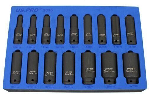 Us Pro - Deep Impact Socket Set 16PC 1/2'' Drive In eva Foam 6PT 10 - 32mm 3836