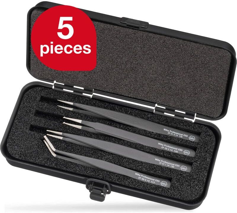 Wiha - smd tweezers set Professional esd (32349), tweezers for electrostatic components, fine pliers for gripping, precision tweezers with box,