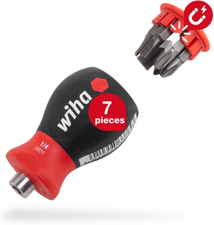 Wiha screwdriver Stubby with magnetic bit magazine (33738) I slotted, Phillips I with 6 bits, 1/4"