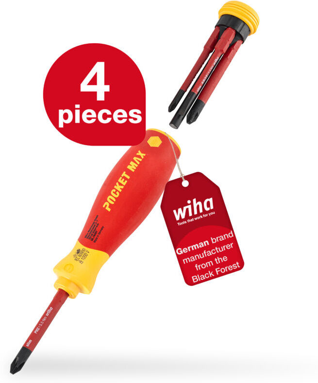Wiha screwdriver set mixed PocketMax electric 4 pcs. with stowable bit set (45296) I screwdriver set with bit magazine of slimBits for electricians I