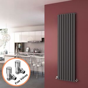 1800x480mm Anthracite Vertical Oval Column Radiator Single Panel Designer Radiators + Angled Radiator Valves - Elegant