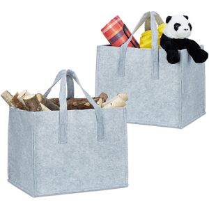 Set of 2 Relaxdays Felt Firewood Baskets, HxWxD: 34.5 x 43 x 36.5 cm, 2 Handles, Foldable, Newspaper Holder, Grey