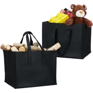 Set of 2 Relaxdays Felt Firewood Baskets, HxWxD: 34.5 x 43 x 36.5 cm, 2 Handles, Foldable, Newspaper Holder, Black