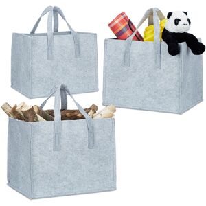 Set of 3 Relaxdays Felt Firewood Baskets, HxWxD: 34.5 x 43 x 36.5 cm, 2 Handles, Foldable, Newspaper Holder, Grey