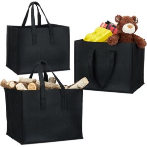 Set of 3 Relaxdays Felt Firewood Baskets, HxWxD: 34.5 x 43 x 36.5 cm, 2 Handles, Foldable, Newspaper Holder, Black